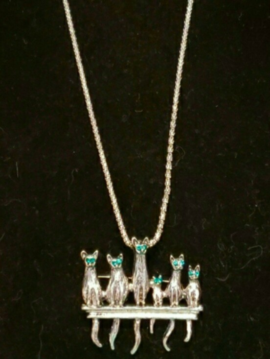 Betsey Johnson Jewelry - NEW Betsey Johnson Siamese Family Pendant Necklace/Pin Long, Slvrtn Chain, Blue.